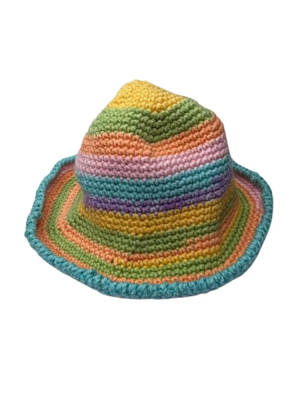 Pastel Rainbow Striped Crocheted Bucket Hat Handmade Kidcore Sun Cap